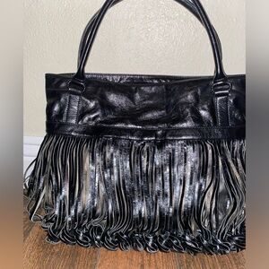 Katherine Kwei black & bronze hand bag knotted fringe leather New